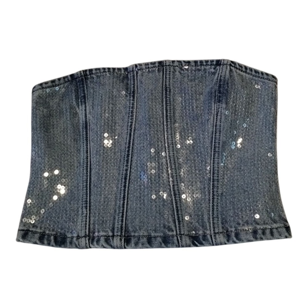 GRLFRND Lindsi Lane Denim Jean Bustier Top XS Blue‎ Sequined Strapless Cropped
